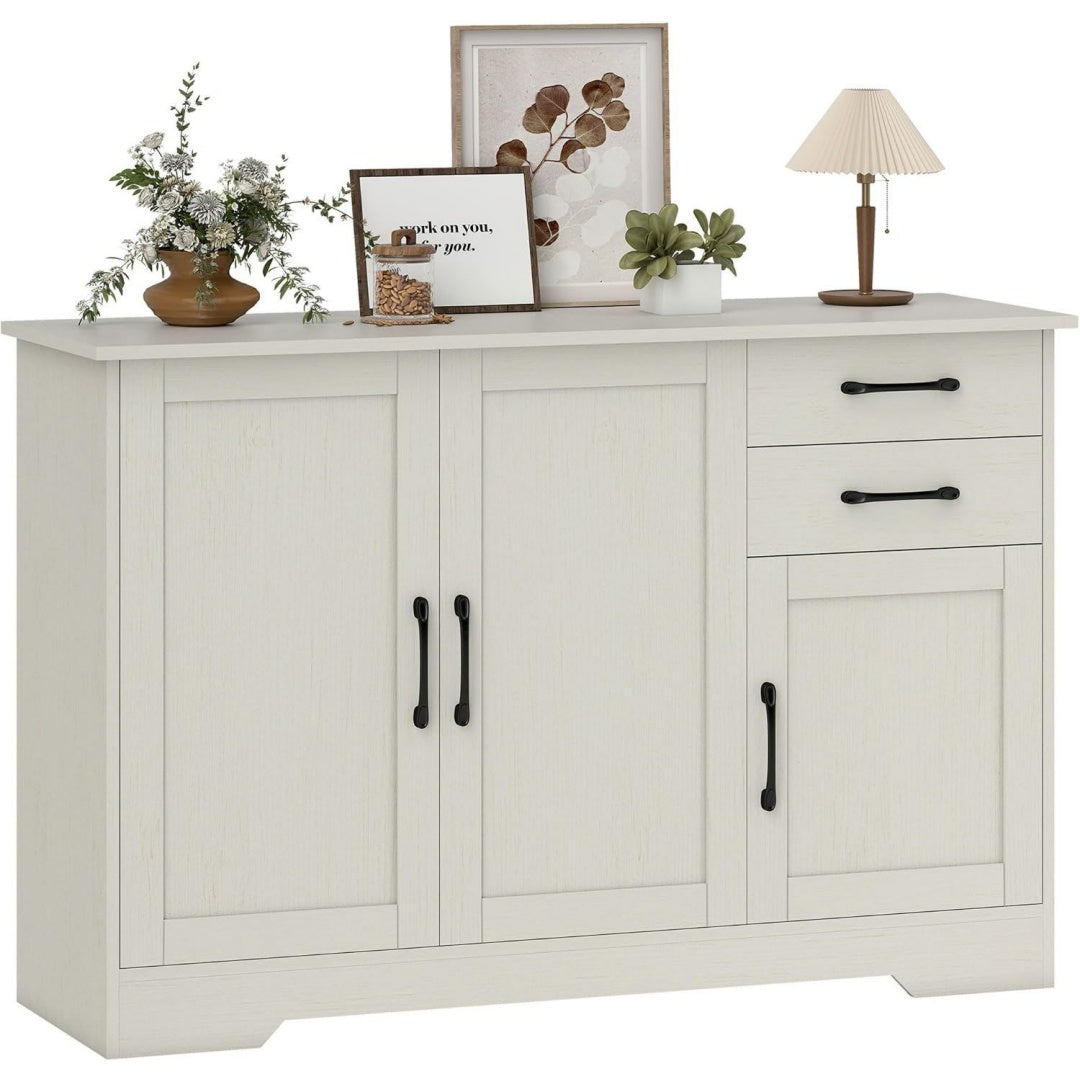 Rangement buffet, gris clair avec deux tiroirs, deux portes, etageres reglables