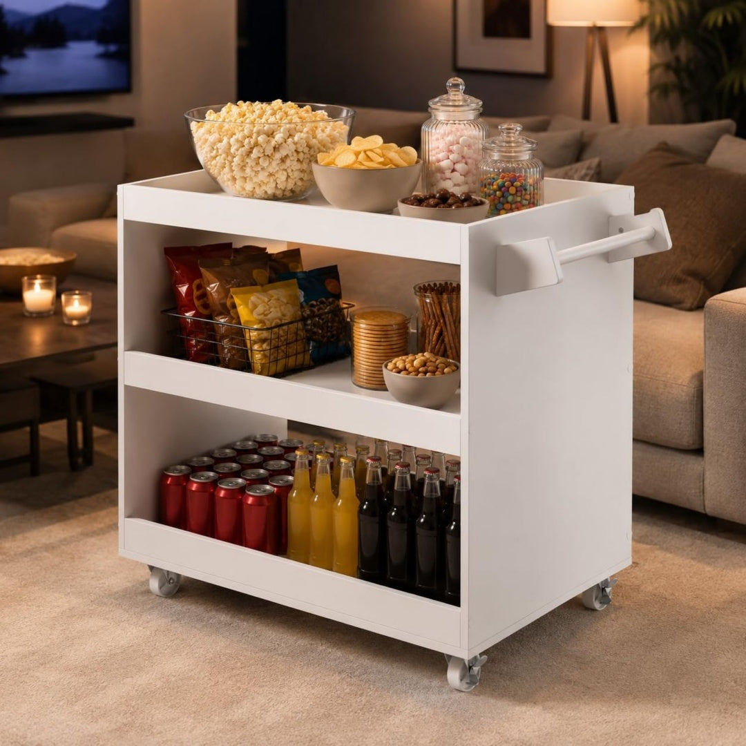 Fonctionnel, tour de rangement fixe marron en bois a roulettes