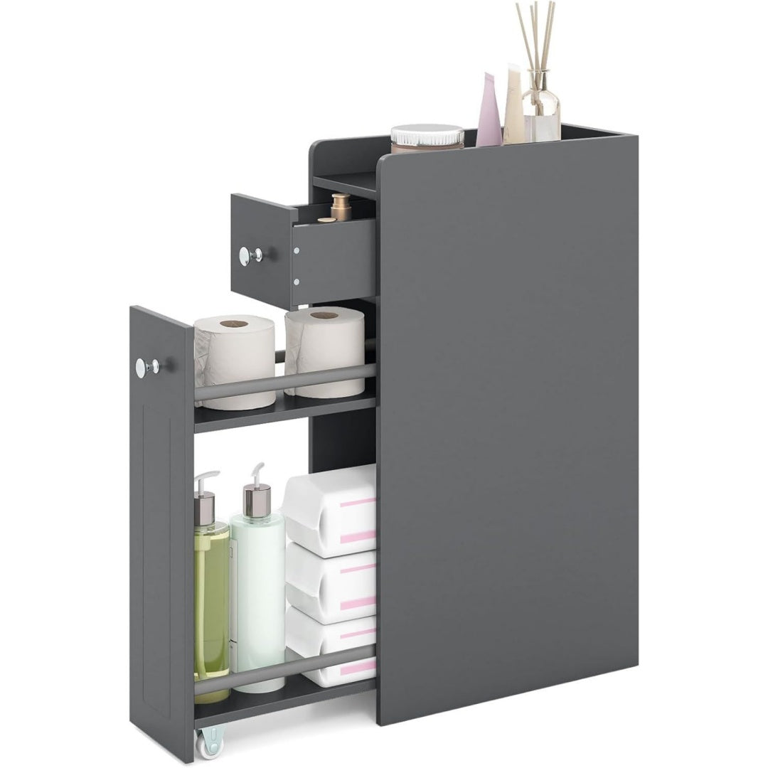 Meuble sur pied gris, ideal pour salle de bain