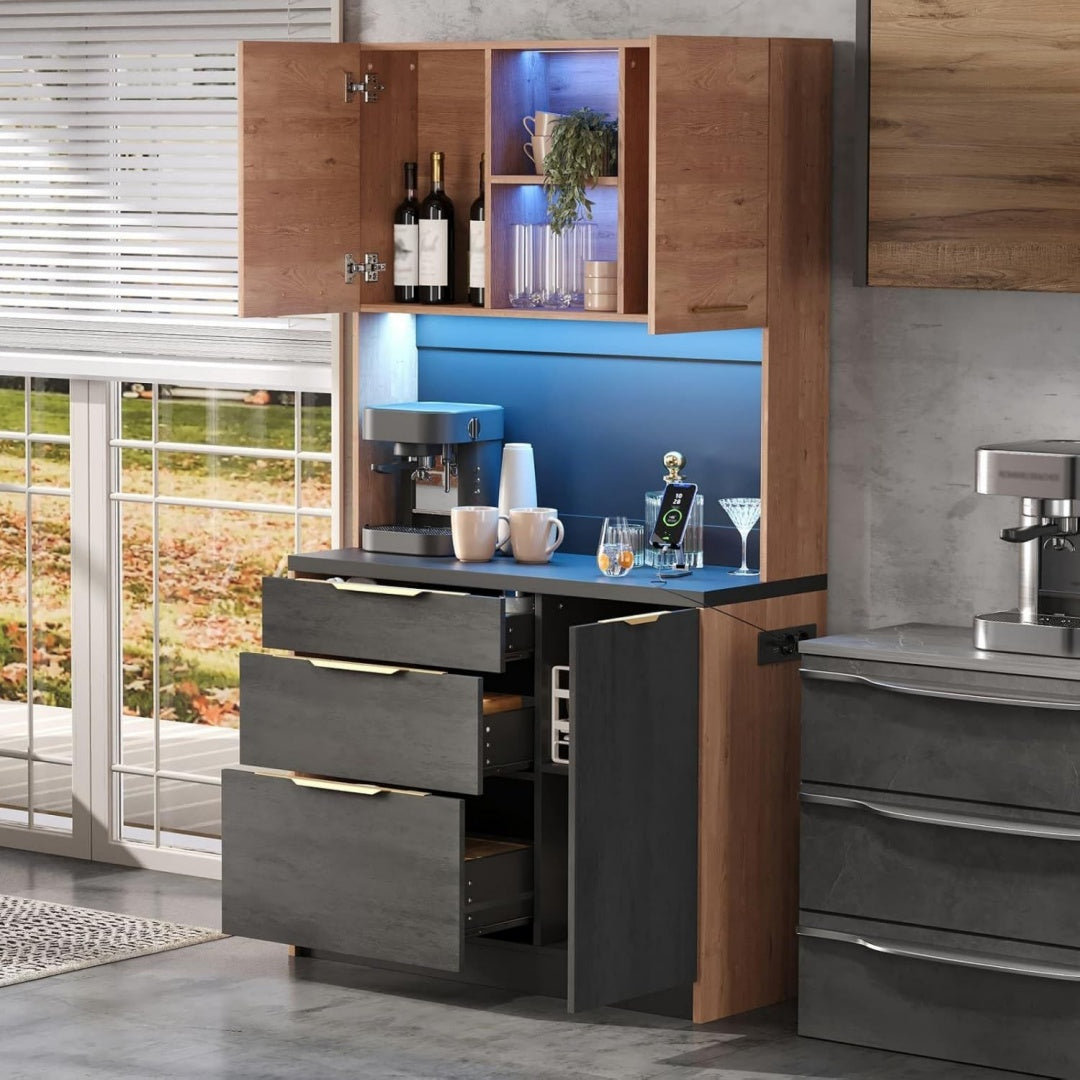 Enfilade gris fonce avec rangement en 3 tiroirs, avec prises USB