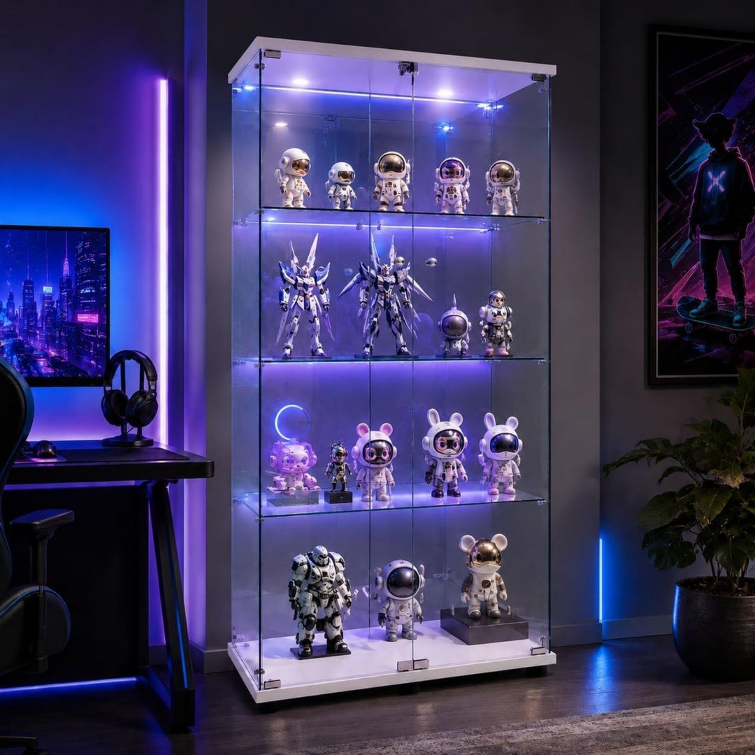 Rangement vitrine, noir avec deux portes, quatre etageres, etageres reglables